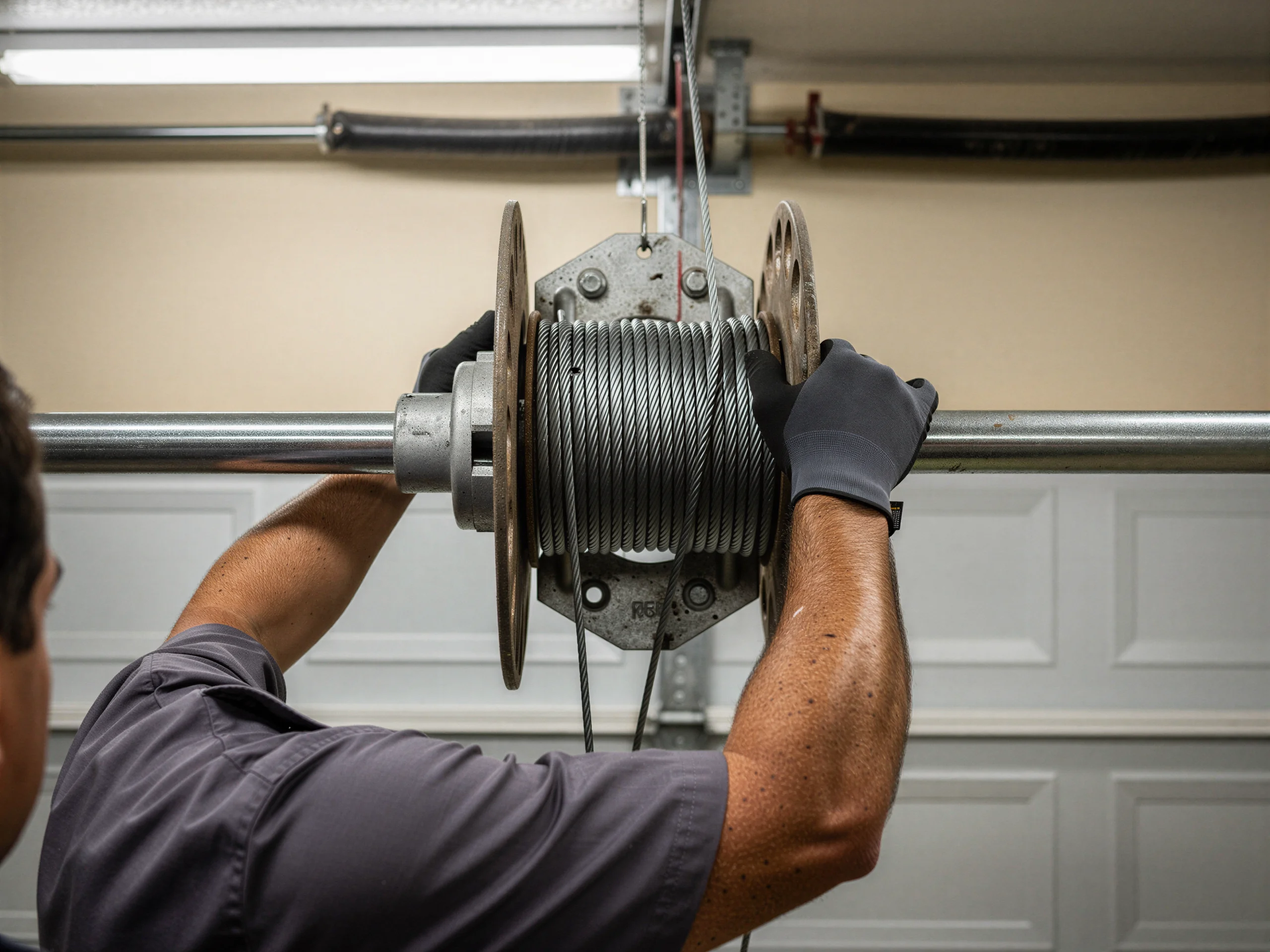 A technician wearing gloves adjusts a garage door cable drum and torsion spring.