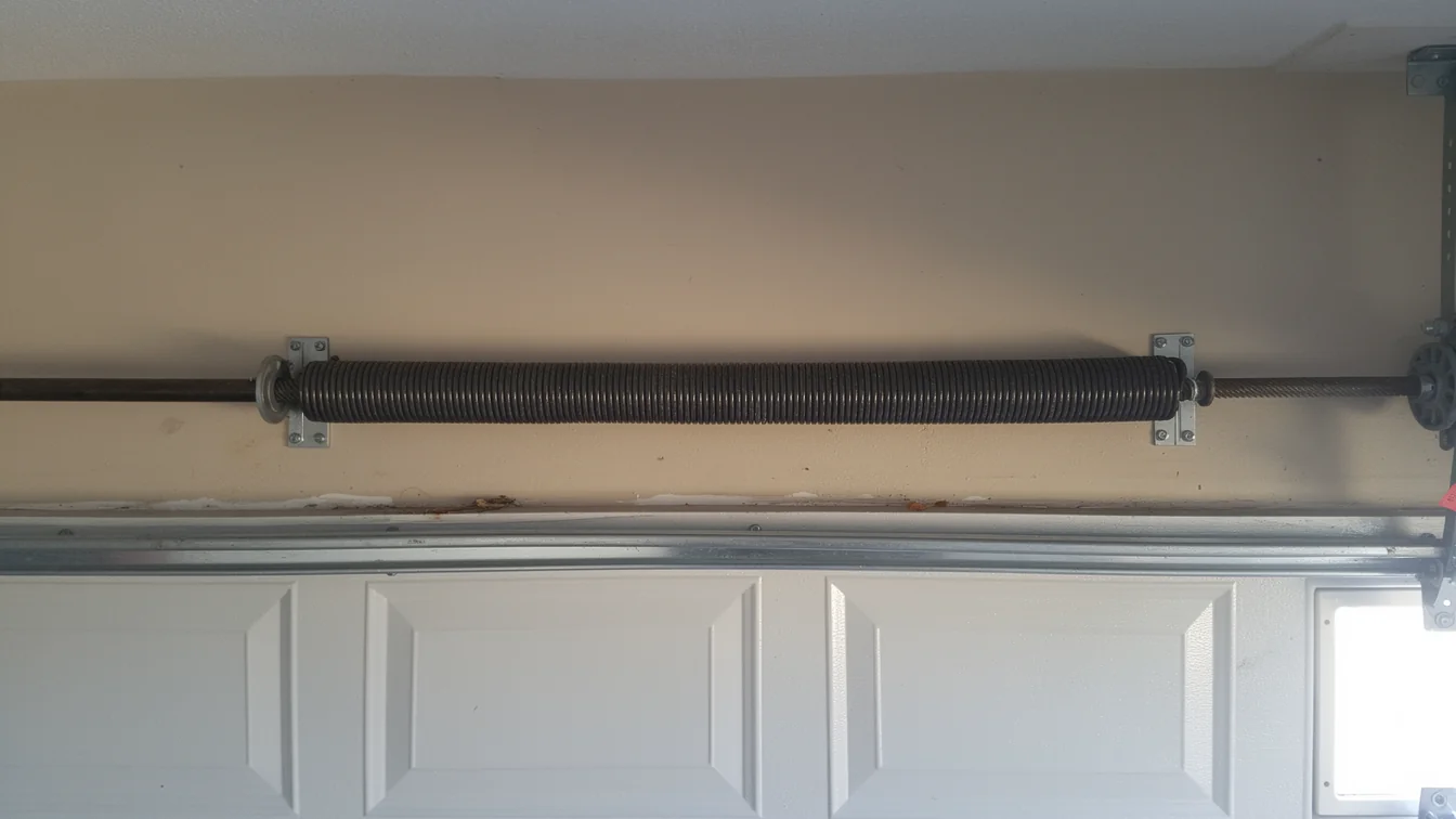 A black torsion spring is mounted above a white garage door.