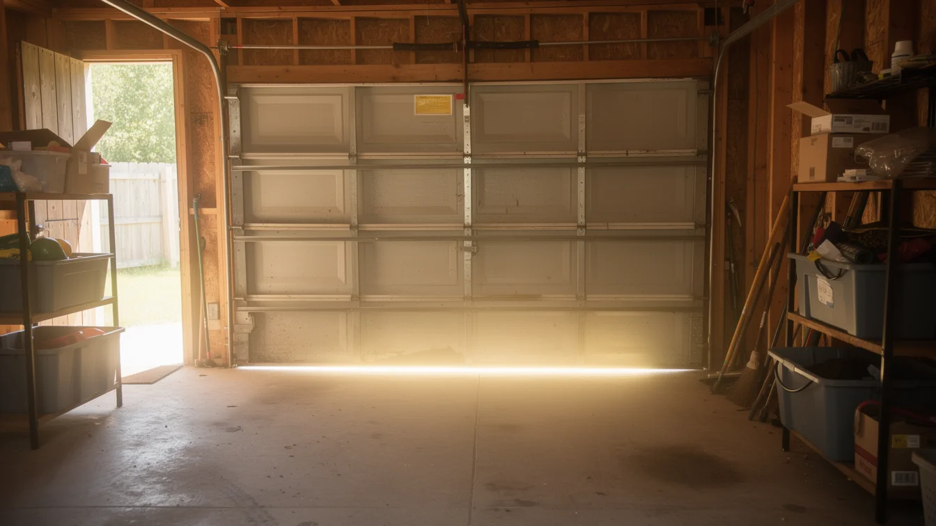 A closed garage door with a bright gap at the bottom and an open side door.