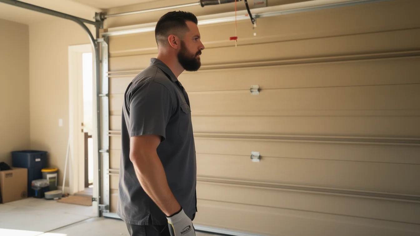 A technician stands in a garage next to a closed beige garage door.