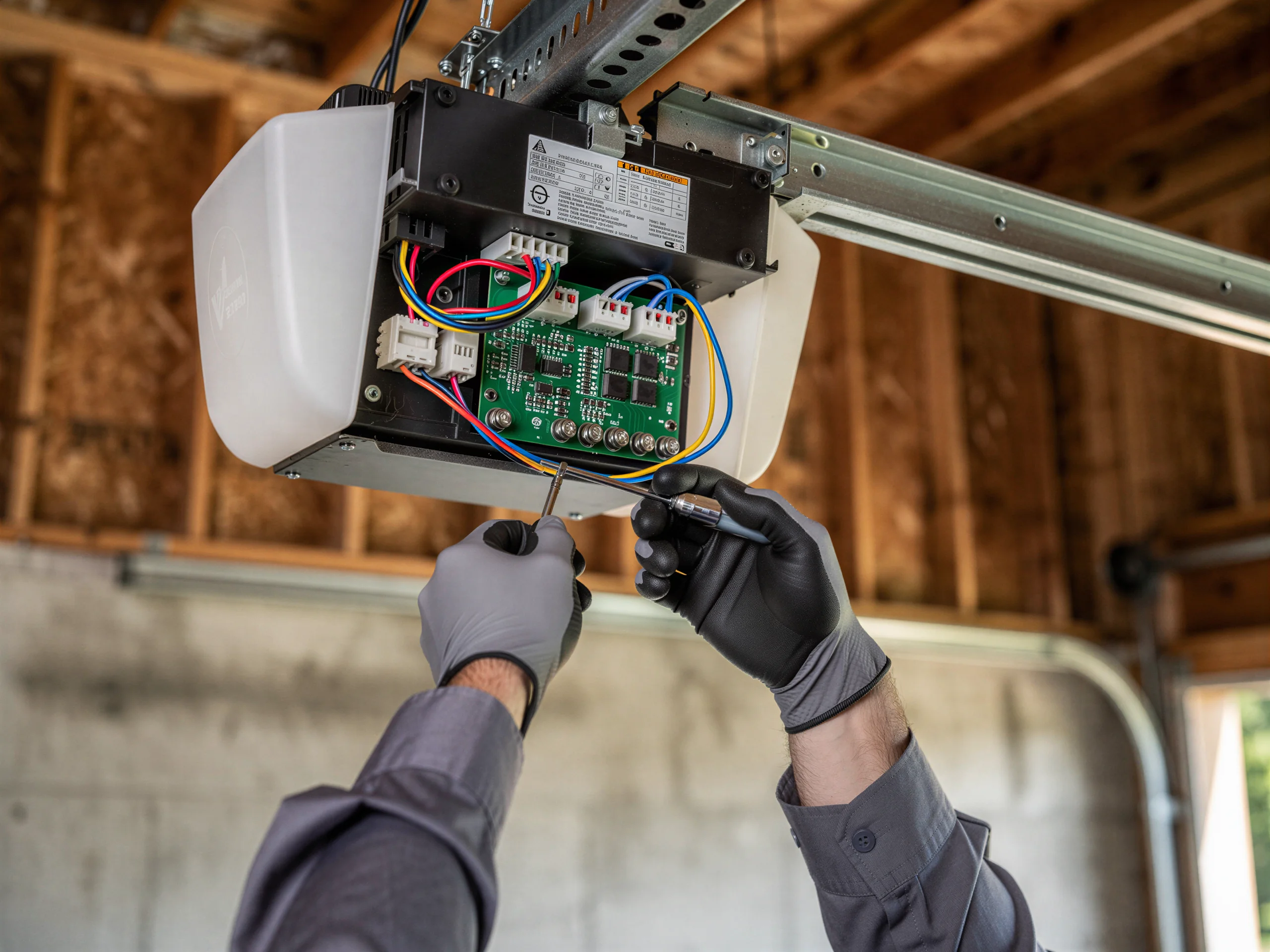 A technician's gloved hands work on the exposed circuit board of a garage door opener.