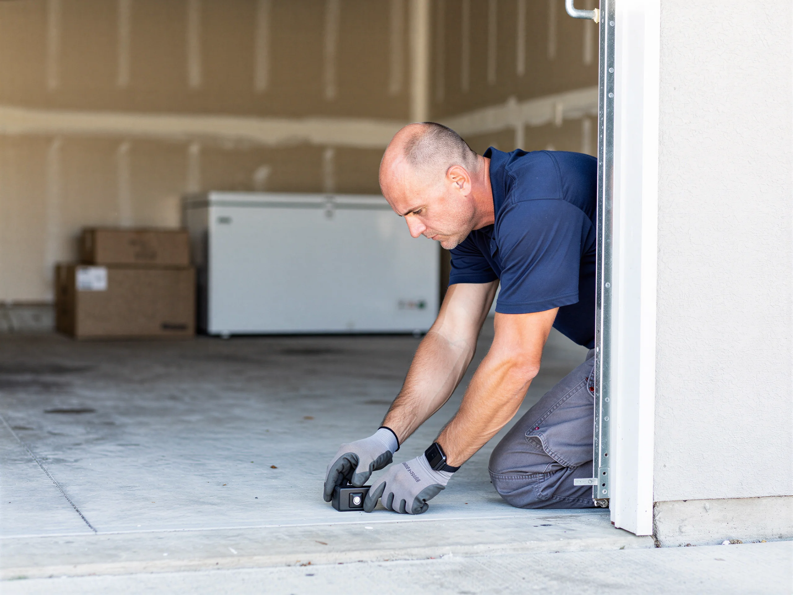 A technician kneels on the garage floor, adjusting a sensor near the garage door frame.