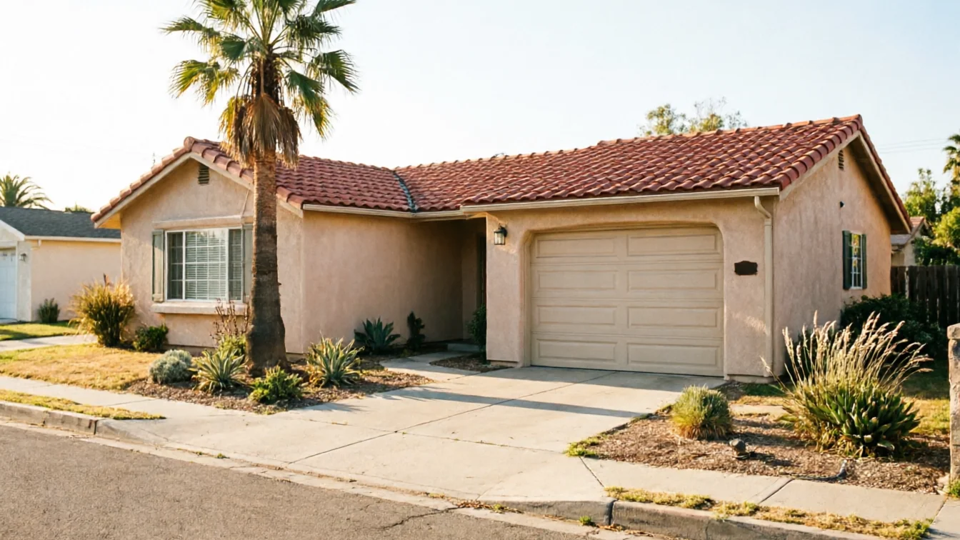 A beige house with a red tile roof and a beige garage door.